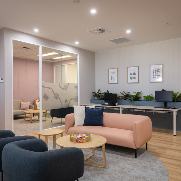 Internal office space with furniture and plants