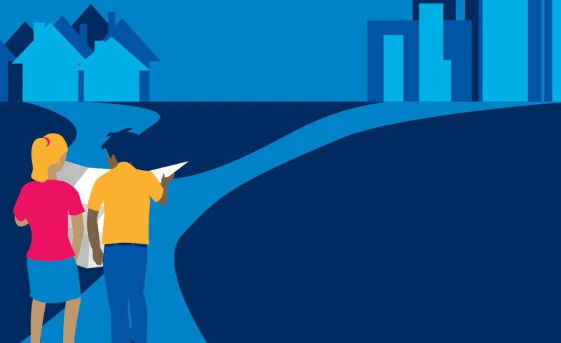 Illustration of people walking and reading a map