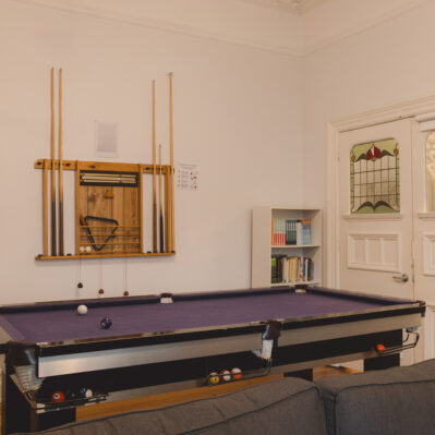 A pool table. Against the wall behind it is a bookshelf, pool cues and other equipment.