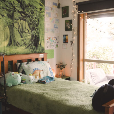 A single bed with green blankets, well-lit by the window beside it. The room is decorated with fairy lights, a large artwork of a lush green forest and several soft toys.
