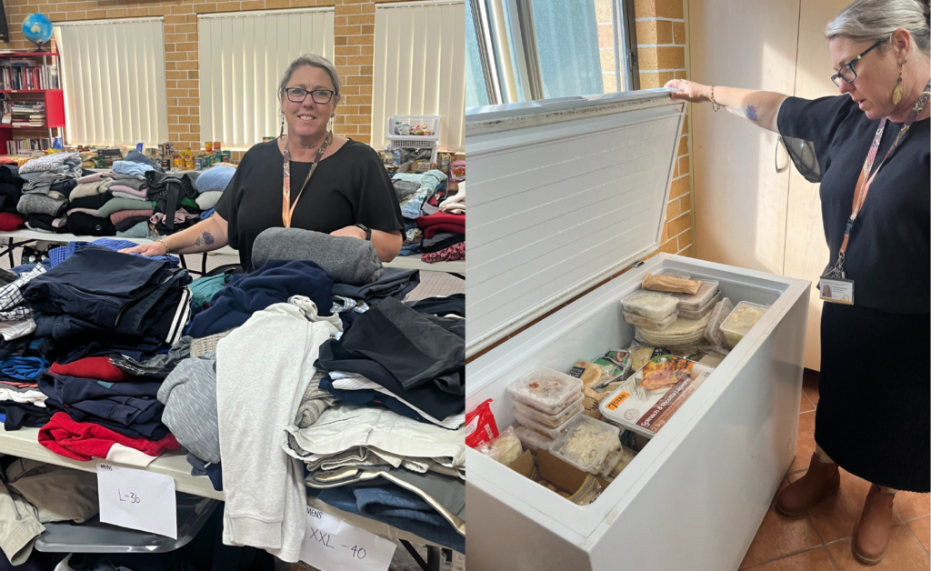 Service Manager Cherie Caltabiano shows piles of clothes and a freezer full of meals provided during the flood response